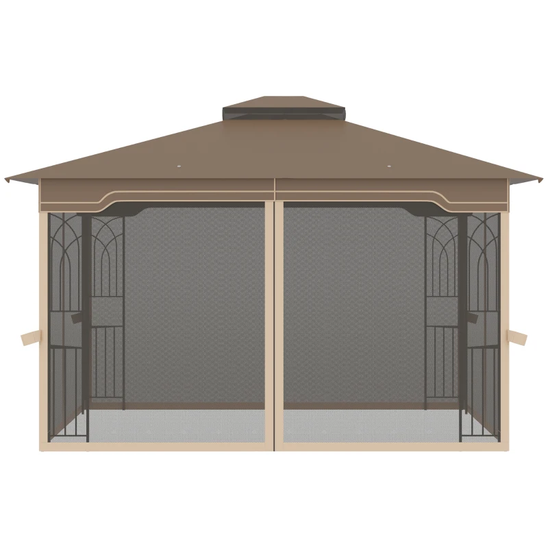 Outsunny 12' x 10' Soft-top Patio Gazebo Covered Gazebo Backyard Tent with Double Tier Roof and Netting Sidewalls, Brown