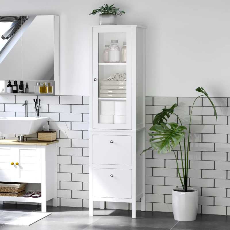kleankin Tall Bathroom Cabinet with Tempered Glass Door, Storage Organizer, Freestanding Linen Tower with 2 Adjustable Shelves and 2 Drawers, White