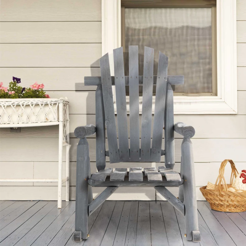 Outsunny Outdoor Wooden Rocking Chair, Single-Person Adirondack Rocking Patio Chair with Rustic High Back, Slatted Seat and Backrest for Indoor, Backyard, Garden, Dark Gray
