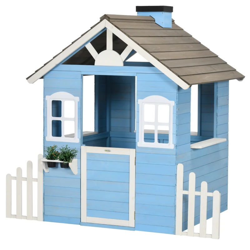 Outsunny Wooden Playhouse for Kids Outdoor with Flower Pot Holders, Door, Windows, Service Stations for 3-7 Years, Blue