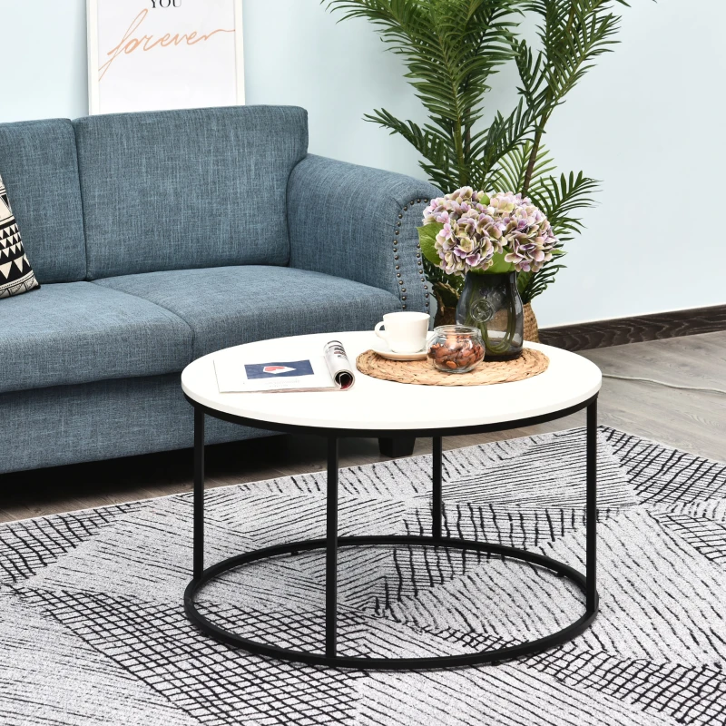 HOMCOM Round Coffee Table, 32 in Modern Center Table with Black Metal Frame, Coffee Tables for Living Room, White