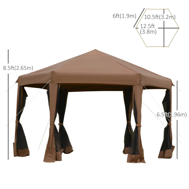 Outsunny 12.5' Pop Up Gazebo Hexagonal Canopy Tent Outdoor Shelter Pavilion Sun Protection with Mesh Sidewalls, Handy Bag, Dark Brown