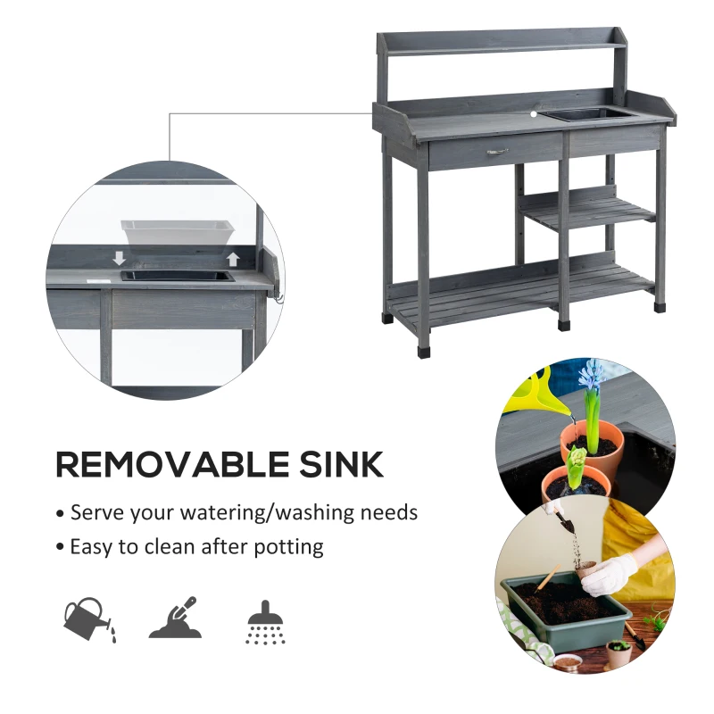 Outsunny Potting Bench Table Garden Work Bench Workstation with Drawer, Removable Sink, Storage Shelves and Hooks for Patio, Courtyards, Balcony