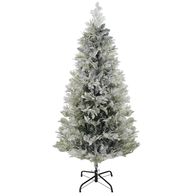 HOMCOM 5 Feet Pencil Snow Flocked Artificial Christmas Tree with 517 Realistic Cypress Branches, Auto Open, Green