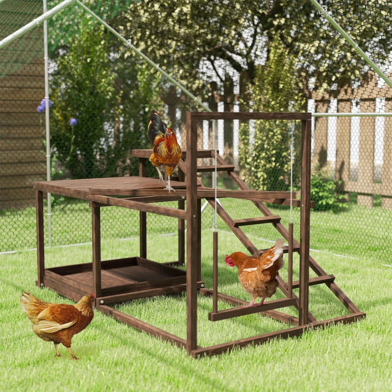 PawHut Wooden Chicken Activity Play Set with Perch, Swing, Ladder, Platforms, Feeder Storage, Coffee