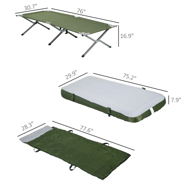 Outsunny Camping Cot, Outdoor Folding Bed Set with Mattress, Sleeping Bag, Pillow, and Carry Bag, Green