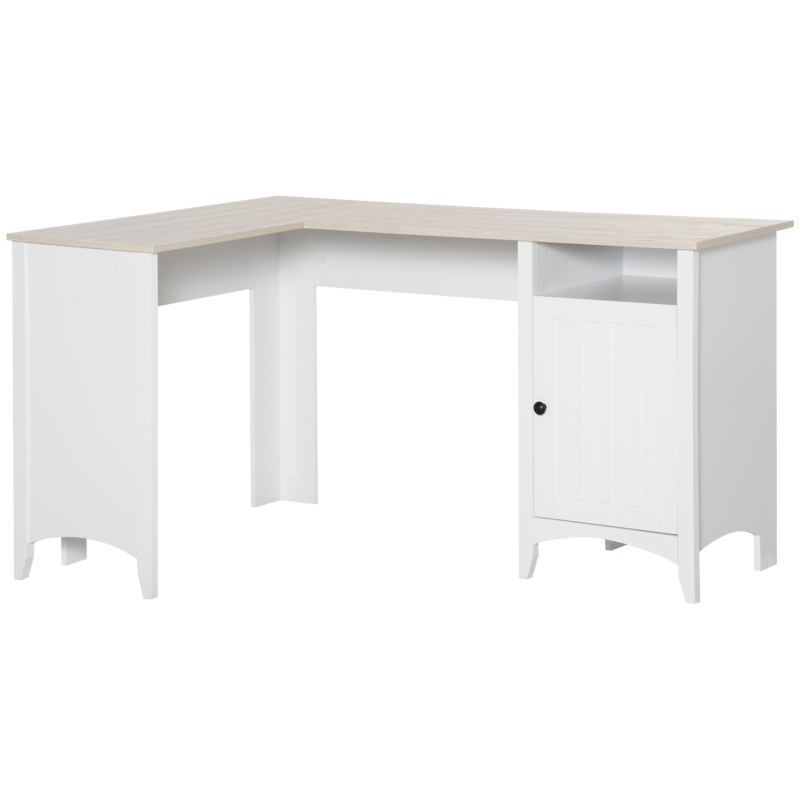 HOMCOM L-Shaped Computer Desk with Open Shelf and Storage Cabinet, Corner Writing Desk with Adjustable Shelf, White