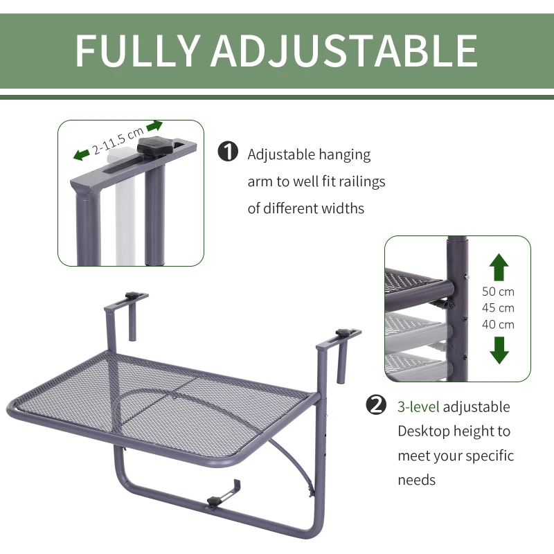 Outsunny Adjustable Balcony Hanging Railing Table, Metal Mounting Mini Wall Desk Storage Rack, Outdoor Flower Stand Serving Table Rectangle, Grey