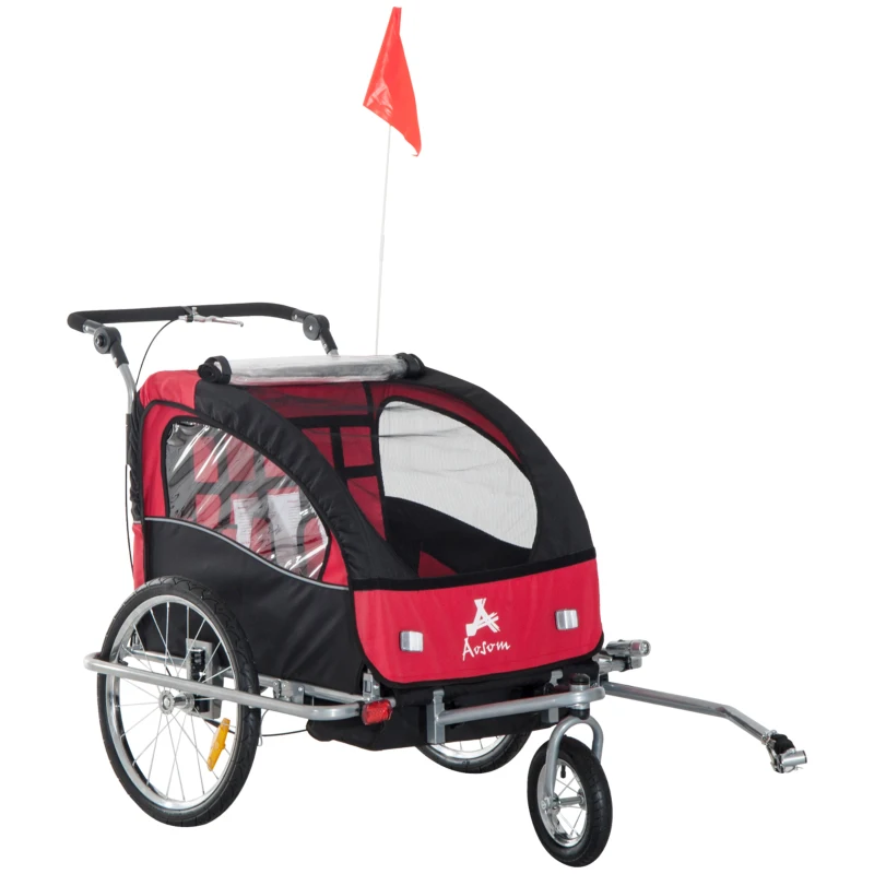 Aosom Elite 360 Swivel Bike Trailer for Kids Double Child Two-Wheel Bicycle Cargo Trailer With 2 Security Harnesses, Red