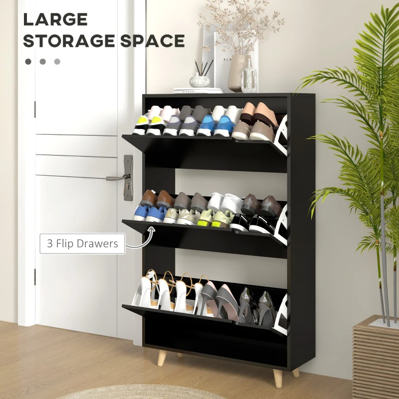 HOMCOM Slim Shoe Storage Cabinet with 3 Flip Drawers and Adjustable Shelves, Shoe Cabinet for 18-24 Pairs, Black