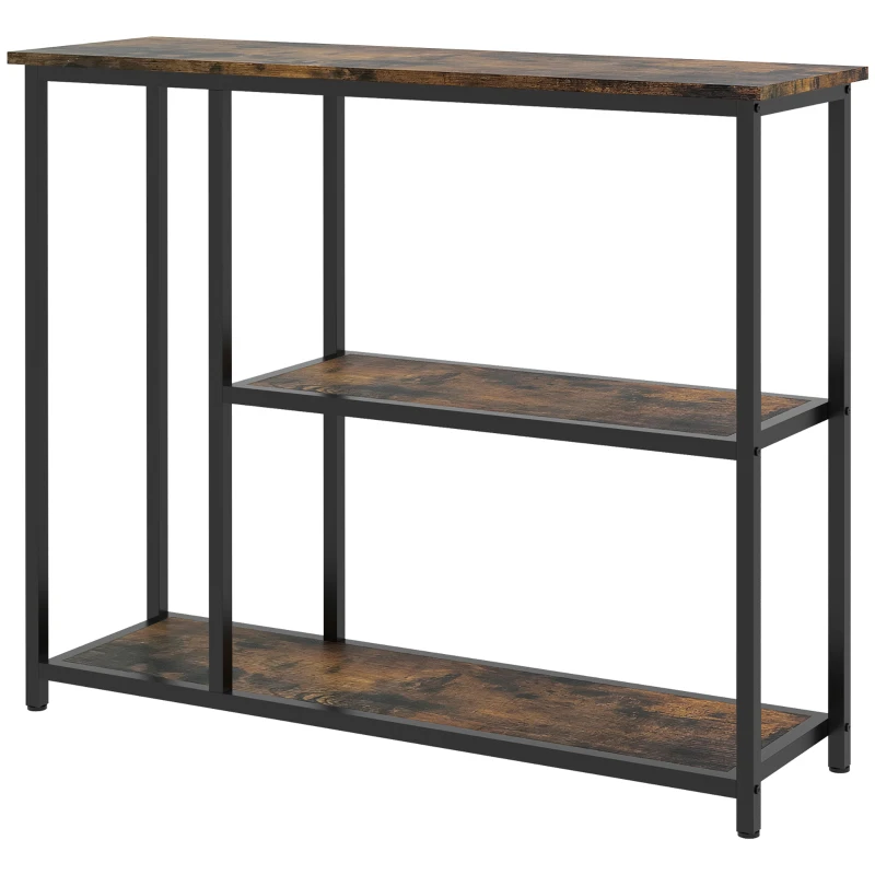 HOMCOM 39" Console Table, Entryway Table with 2 Storage Shelves, Steel Frame, Narrow Sofa Table for Living Room, Brown