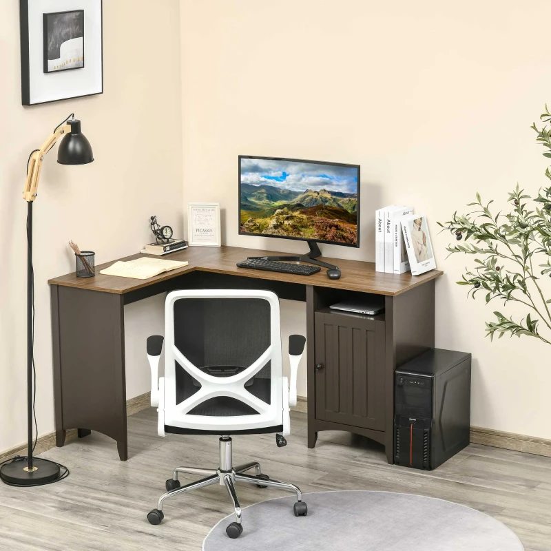 HOMCOM L-Shaped Computer Desk with Open Shelf and Storage Cabinet, Corner Writing Desk with Adjustable Shelf, Coffee