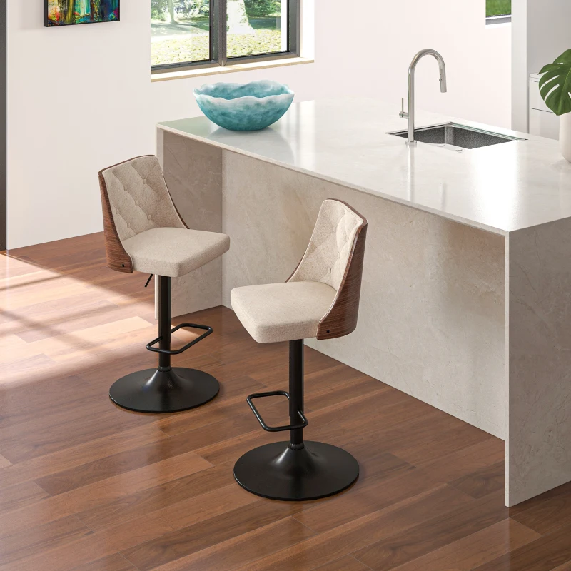 HOMCOM Counter Height Bar Stools Set of 2 with Solid Wood Back, Height Adjustable Swivel Barstools, Button Tufted Linen Fabric Bar Chairs with Footrest, Beige