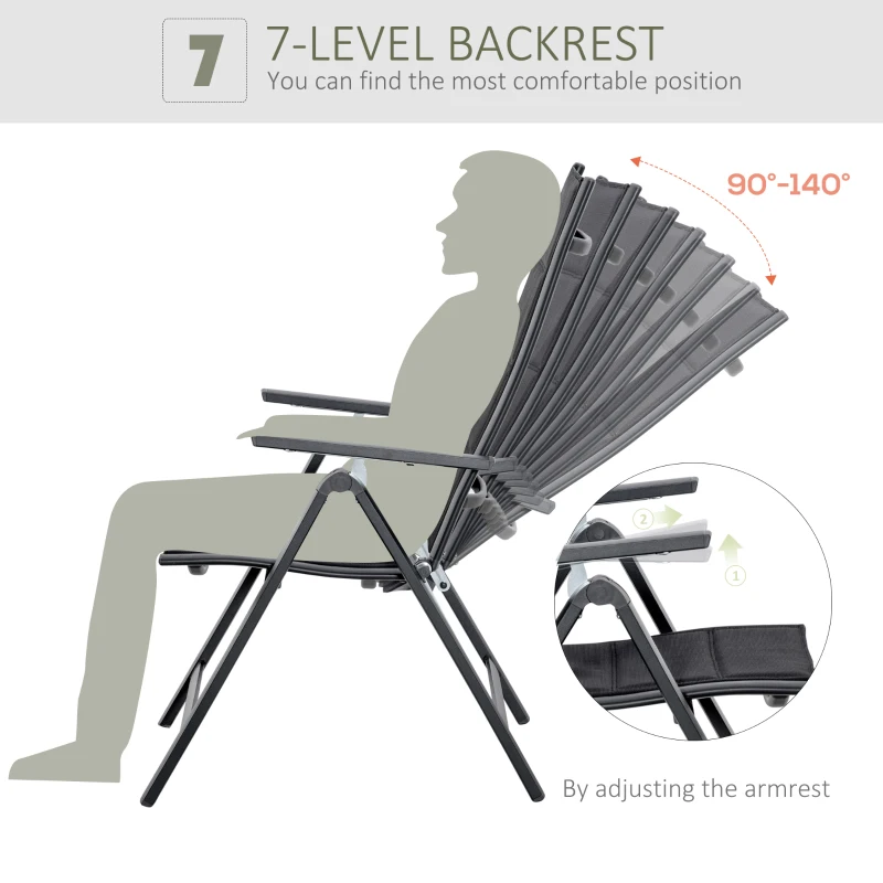Outsunny 2 Piece Outdoor Patio Folding Chair Set, Aluminum Frame Portable Reclining Camping Seats with Soft Padding & Adjustable Backrest, for Garden, Outdoor, Backyard, Black