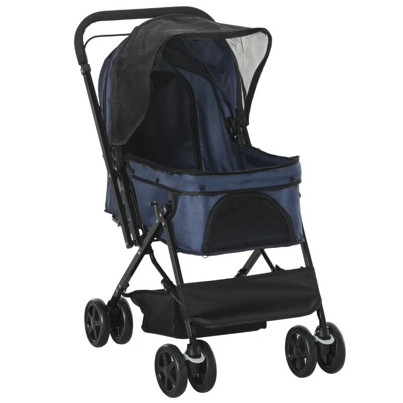 PawHut 4 Wheels Pet Stroller with Reversible Handle, Foldable Cat Dog Travel Carriage with EVA Wheel Brake, 3-stage Canopy, Mesh Window Door, Dark Blue