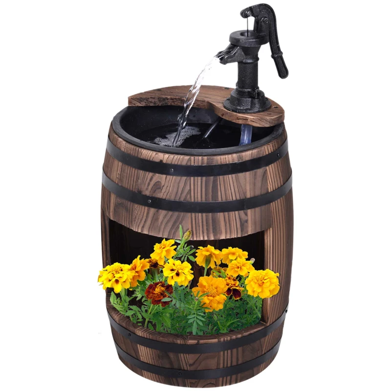Outsunny Wooden Outdoor Fountain, Electrical Barrel Waterfall with 3600r/min Speed Pump for Patio, Backyard, Carbonized