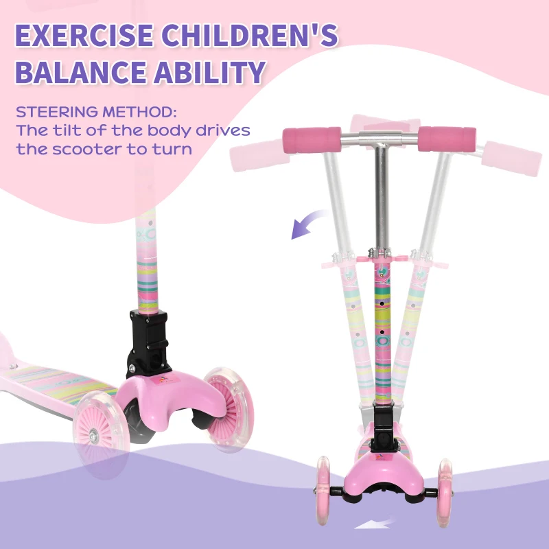 Aosom Kick Scooter for Kids, Foldable Children's Scooter with 3 Wheels, Adjustable Height, and Flashing LED for Boys and Girls, Pink