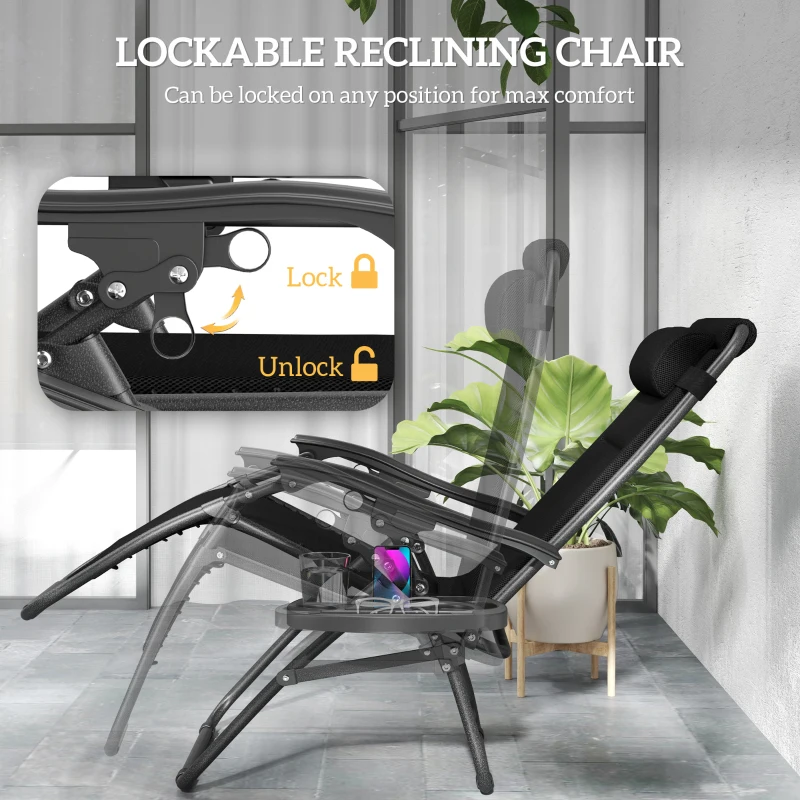 Outsunny Zero Gravity Lounge Chair Set, 2 Pieces Reclining Folding Outdoor Lounge Chairs with Headrest Side Tray, Black