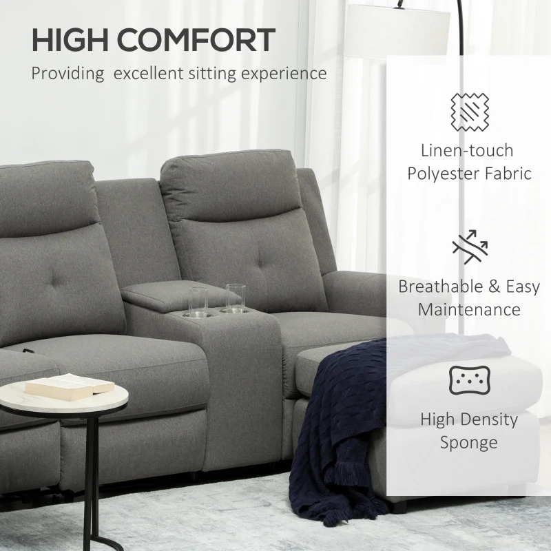 HOMCOM L-Shaped Sofa, Manual Reclining Sectional with Chaise Ottoman, Storage Console, Cup Holders, USB Charging, Gray