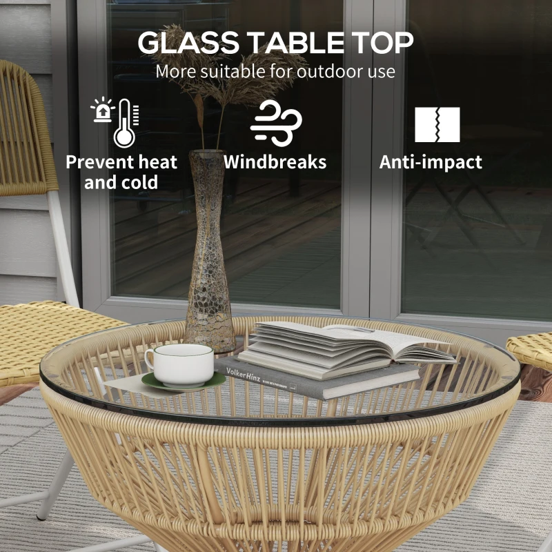 Outsunny Rattan Outdoor Coffee Table, Patio End Table with Tempered Glass Tabletop & Steel Frame, Wicker Furniture, Nature Wood