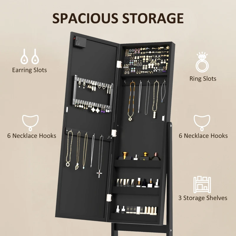HOMCOM Free Standing Armoire Organizer, Lighted Mirrored Jewelry Cabinet w/ Angle Adjustable & 16 LED Lights Black