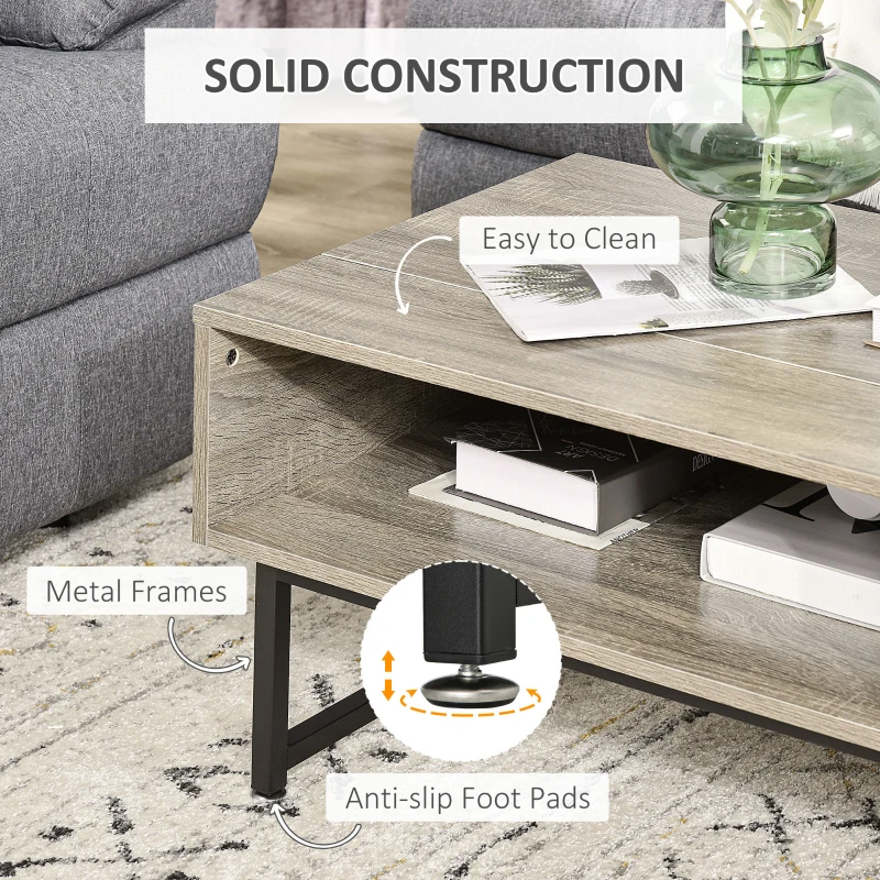 HOMCOM Modern Lift Top Coffee Table with Hidden Storage Compartment and Metal Frame, Convertible Console Tea Desk for Living Room, Grey