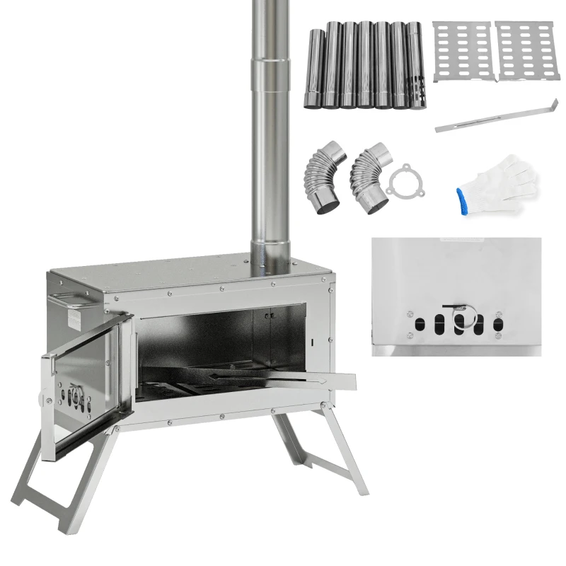 Outsunny Stainless Steel Wood Stove with Chimney and Carry Bag, Portable & Foldable, for Hot Tent, Camping, Cooking, Heating