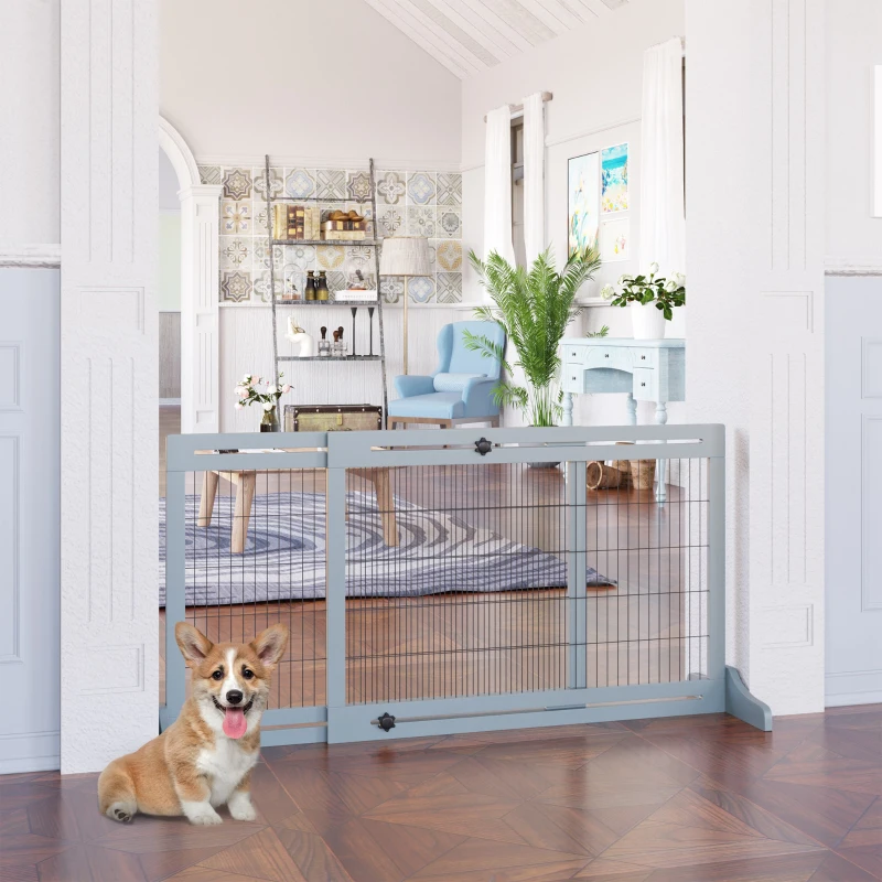 PawHut 72" W x 27.25" H Extra Wide Freestanding Pet Gate with Adjustable Length Dog, Cat, Barrier for House, Doorway, Hallway, Blue-Gray