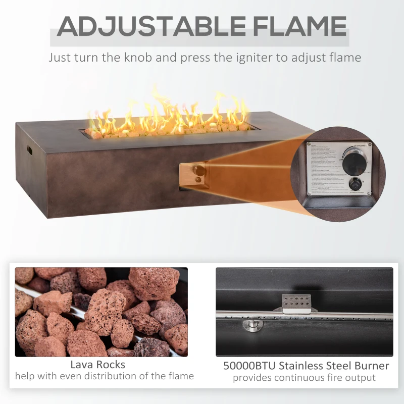 Outsunny 56" Firepit Table for Outside, 50,000 BTU Large Rectangular Stone Gas Firepit with Lava Rocks & Rain Cover, Fits 20lb Tank, Brown