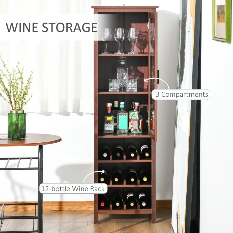 HOMCOM Tall Wine Cabinet, Bar Display Cupboard with 12-Bottle Wine Rack, Glass Door and 3 Storage Compartment for Living Room, Home Bar, Dining Room, Walnut