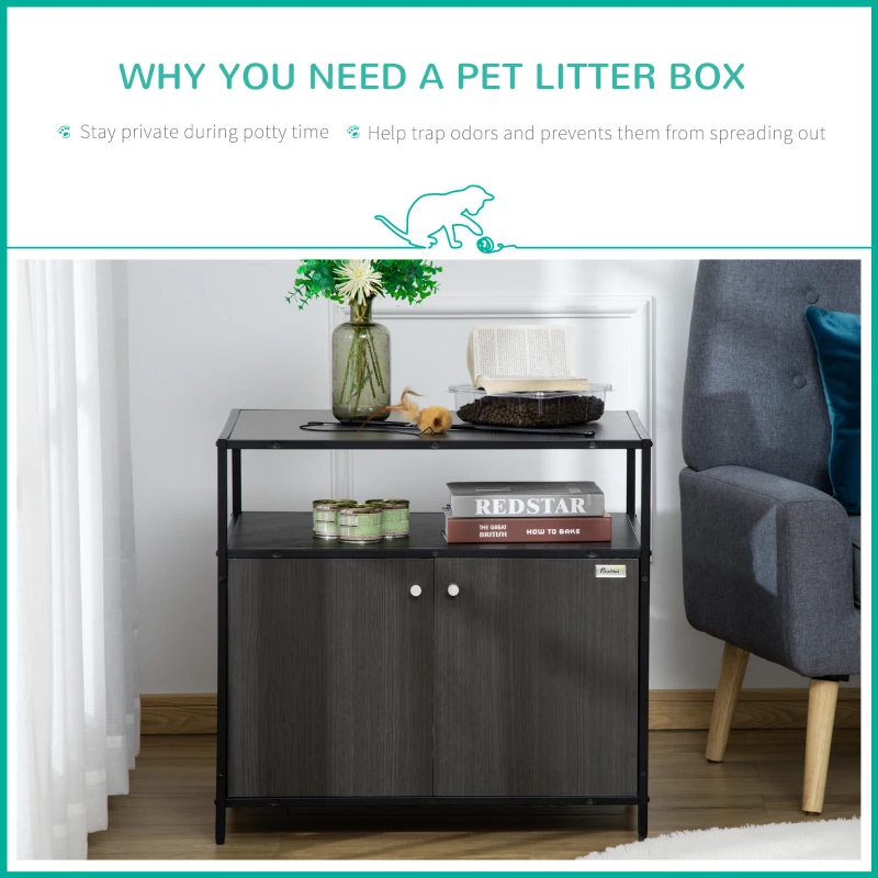 PawHut Wooden Cat Litter Box Enclosure, Hidden Kitten Washroom, Indoor End Table with Magnetic Doors & Storage Shelves, Black