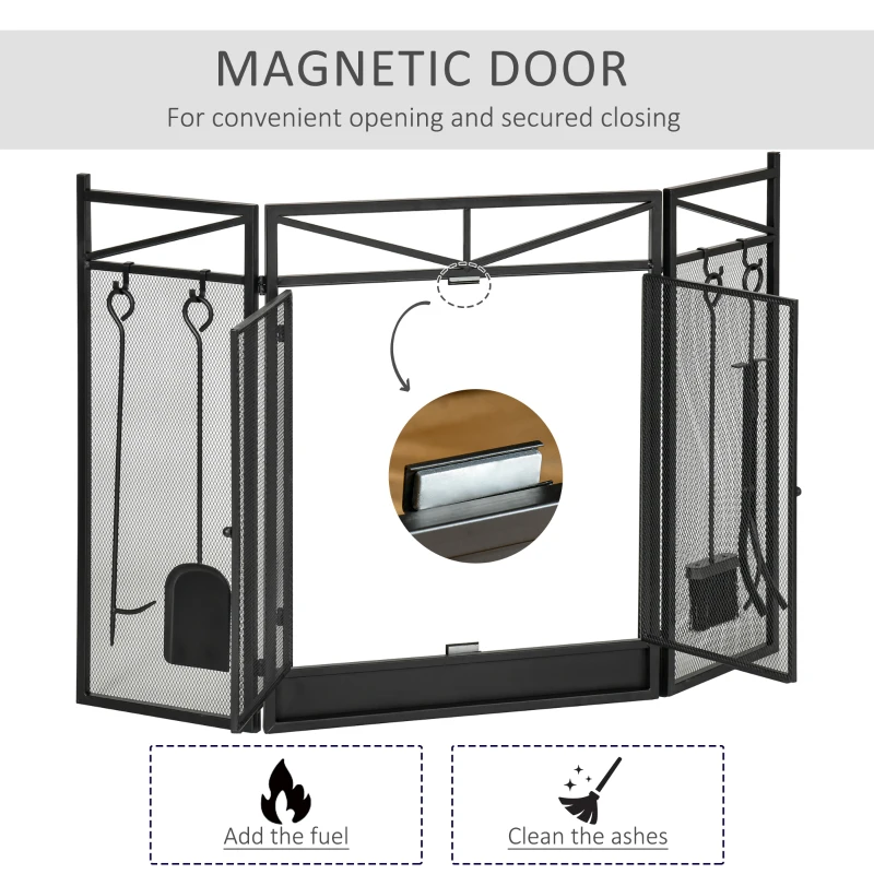 HOMCOM 3-Panel Folding Fireplace Screen with 2 Magnetic Doors and Fire Place Tools Set, Fire Spark Guard for Wood Burning, with Brush, Shovel, Poker, Firewood Tongs, 48" x 0.75", Black
