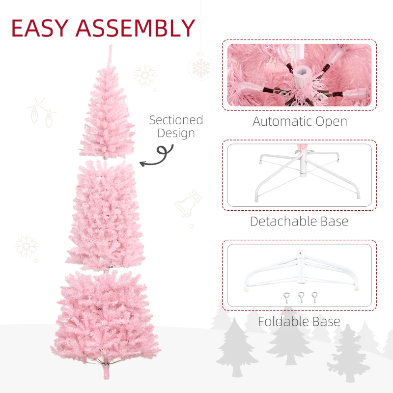 HOMCOM 8' Artificial Christmas Tree Douglas Fir Pencil Christmas Tree with 1168 Realistic Branch Tips, Pink