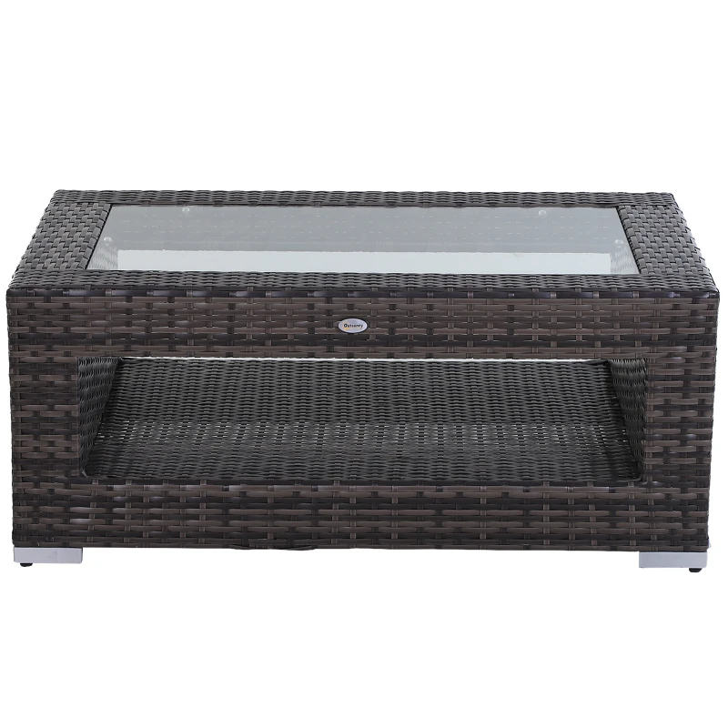 Outsunny 2-Tier Rattan Patio Coffee Table Outdoor Side Table PE Wicker Patio Garden Tea End Desk with Tempered Glass Top & Storage for Balcony, Backyard, Poolside