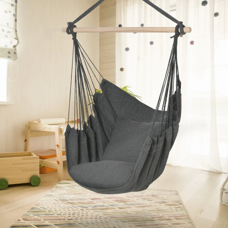 Outsunny Hammock Chair Swing Hanging Macrame Chair Cotton w/ Two Soft Seat Cushions, for Bedroom Indoor Outdoor Ideal Gift for Kids Lover Birthday Present, Dark Grey