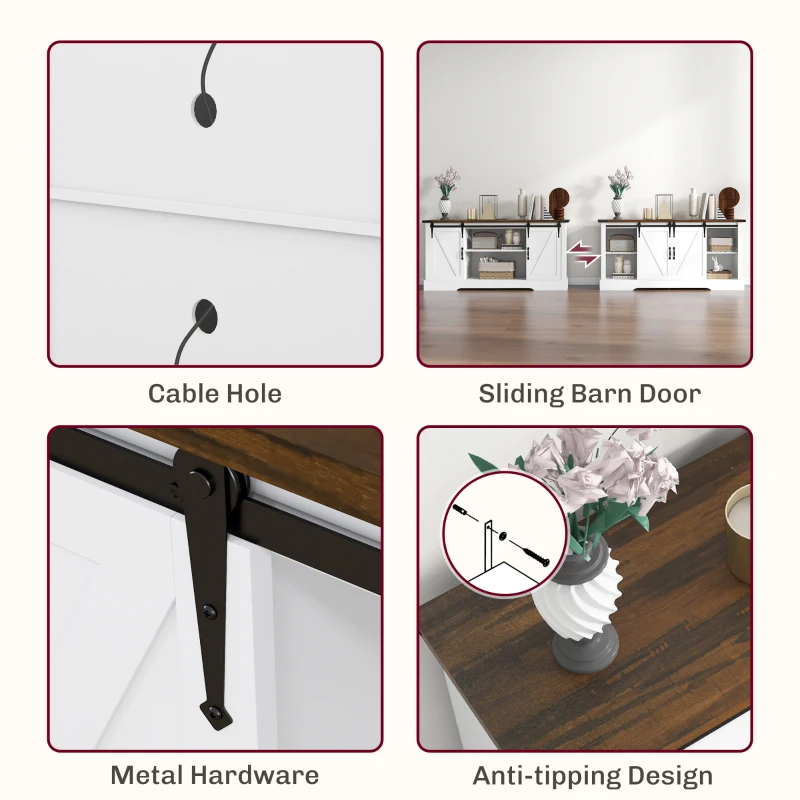 HOMCOM Sideboard with Charging Station, Farmhouse Coffee Bar Cabinet with Sliding Barn Door, TV Stand for TVs Up to 65", White