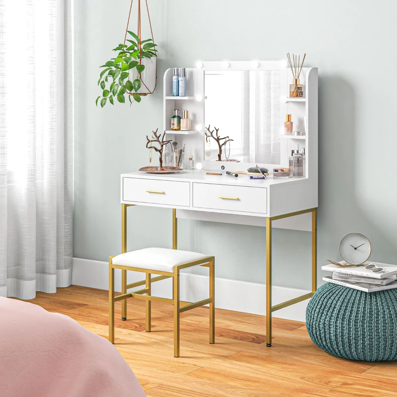 HOMCOM Makeup Vanity Table Set with Lighted Mirror, Stool, Drawers, Shelves, 2 Lighting Modes, Dressing Table, White