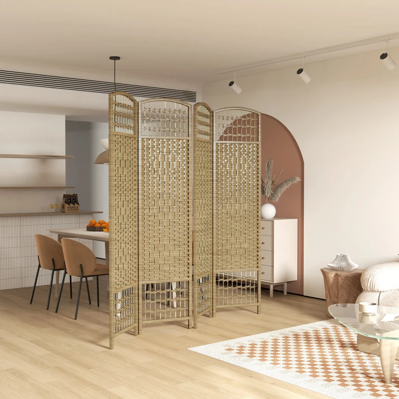 HOMCOM 4 Panel Folding Room Divider Portable Privacy Screen Wave Fiber Room Partition for Home Office Natural