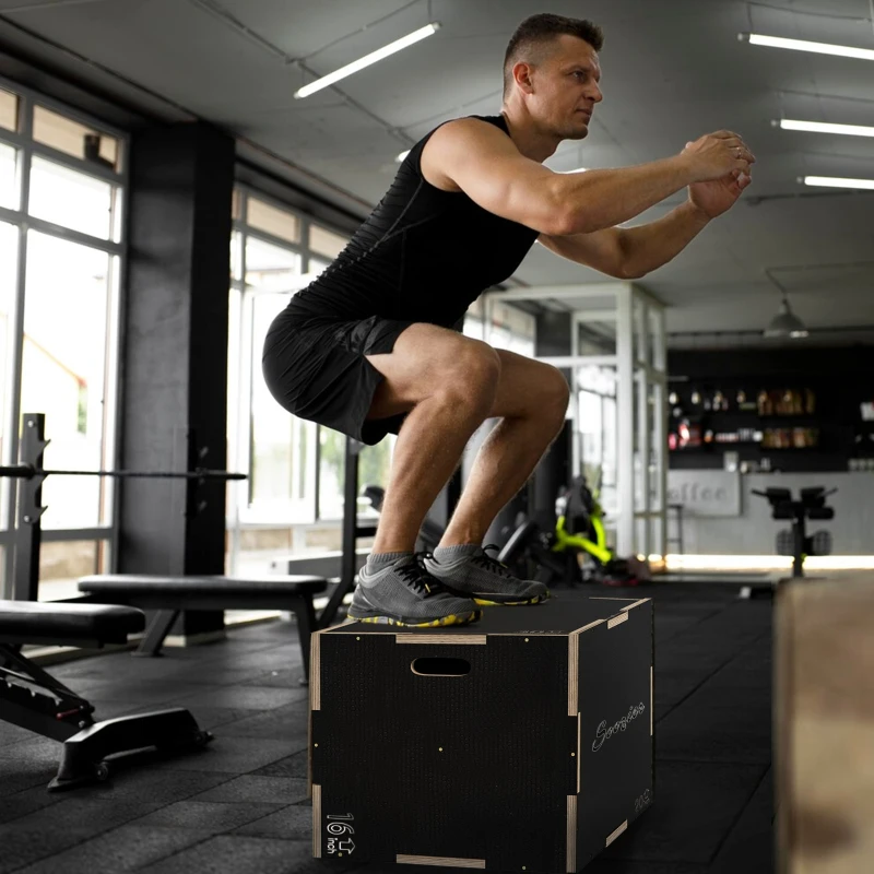 Soozier 24/20/16 In Wooden Plyometric Jump Box with Handle Openings for Home Gym Workout Training