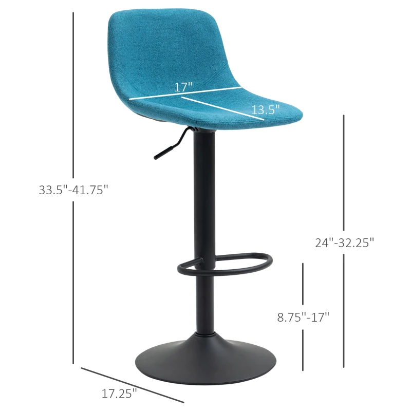 HOMCOM Adjustable Bar Stools, Swivel Bar Height Chairs Barstools Padded with Back for Kitchen, Counter, and Home Bar, Set of 4, Blue