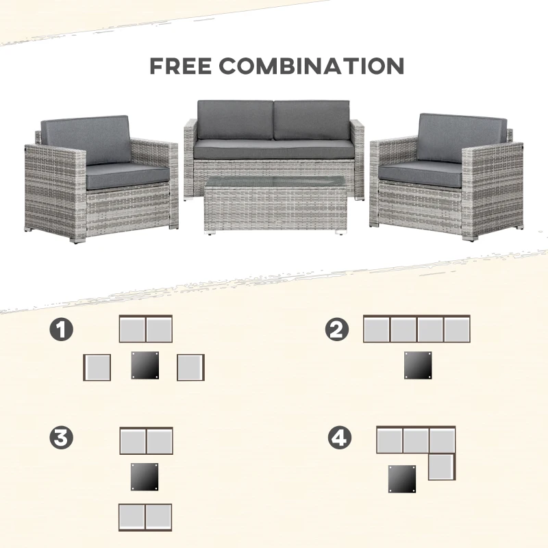 Outsunny 4 Pieces Patio Wicker Sofa Set, Outdoor PE Rattan Extra Wide Seat Conversation Furniture w/ Tempered Glass Table-top & Thick Padded Cushion for Garden, Backyard, Lawn, Mixed Grey