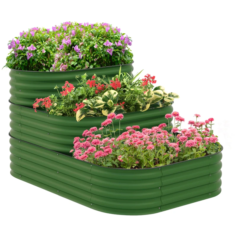 Outsunny 5.2'x3.6'x2.7' Outdoor Raised Garden Bed, 3-Tier Galvanized Planter Box with Safety Edging for Vegetable, Flower, Green