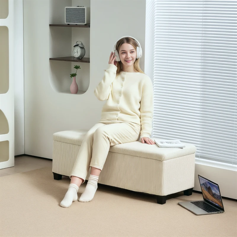 HOMCOM 44 Inches Ottoman with Storage, Lid, Legs, Corduroy End of Bed Bench for Living Room, Bedroom, Entryway, Beige