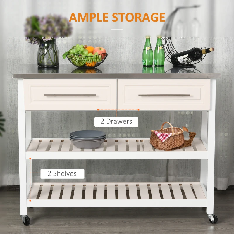 HOMCOM Kitchen Island with Stainless Steel Top, Traditional Kitchen Island with Storage, Butcher Block Cart 2-Tier Open Shelves, Drawers, White