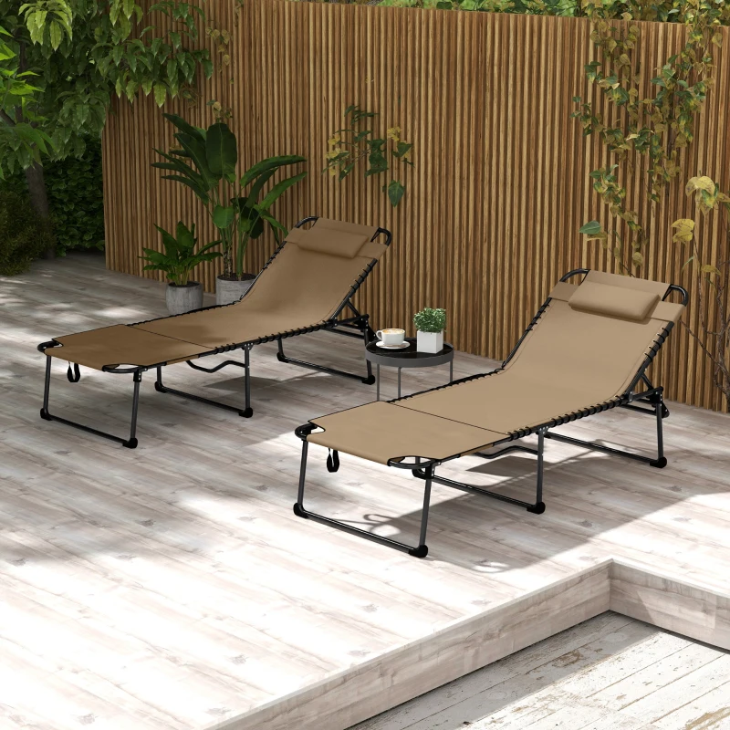 Outsunny 2 Piece Folding Chaise Lounge Pool Chairs with 5-level Reclining Back, Reading Hole, Side Pocket, Beige