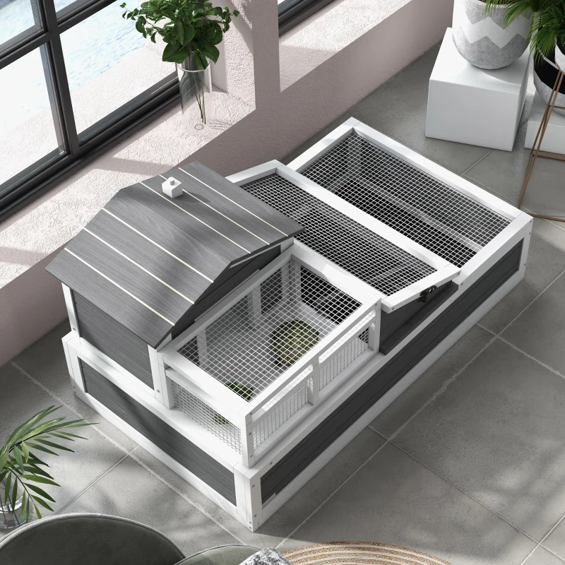 PawHut 3-Room Tortoise House Habitat with Balcony & 2 Stories, Indoor/Outdoor Wooden Tortoise Enclosure with Ladder, Tray, Openable Roof, Large Reptile Cage, 44" x 25.5" x 23", Gray