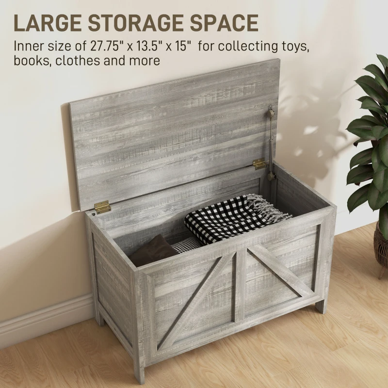 HOMCOM Storage Chest, Farmhouse Lift Top Box Organizer with Safety Hinge, for Bedroom, Entryway, Living Room, Gray Wood Grain