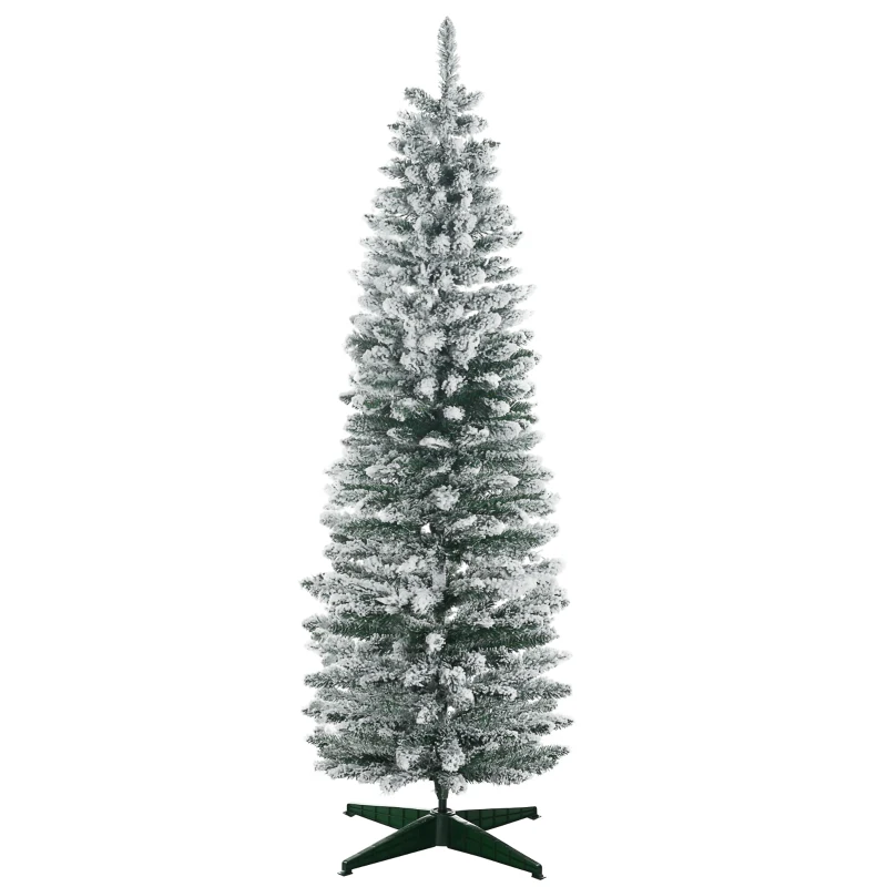 HOMCOM 6' Snow Flocked Artificial Pencil Christmas Tree, Slim Xmas Tree with Realistic Branches and Plastic Base Stand for Indoor Decoration, Green