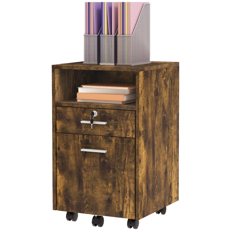 Vinsetto Small Filing Cabinet with 2 Drawers, Lockable Home Office Storage Cabinets on Wheels for A4, Letter Size, Rustic Brown