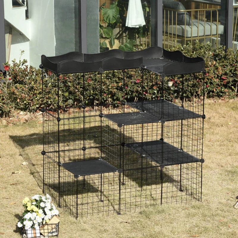 PawHut 34 Panels Pet Playpen, Small Animal Playpen with Doors, Ferret Cage, Portable Metal Wire Yard for Kittens, 41" x 27.5" x 46"